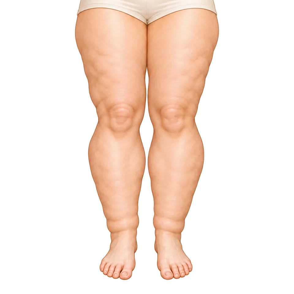 Ilustração de distribuição simétrica de volume nas pernas, com transição nos tornozelos e pés poupados, representando lipedema.